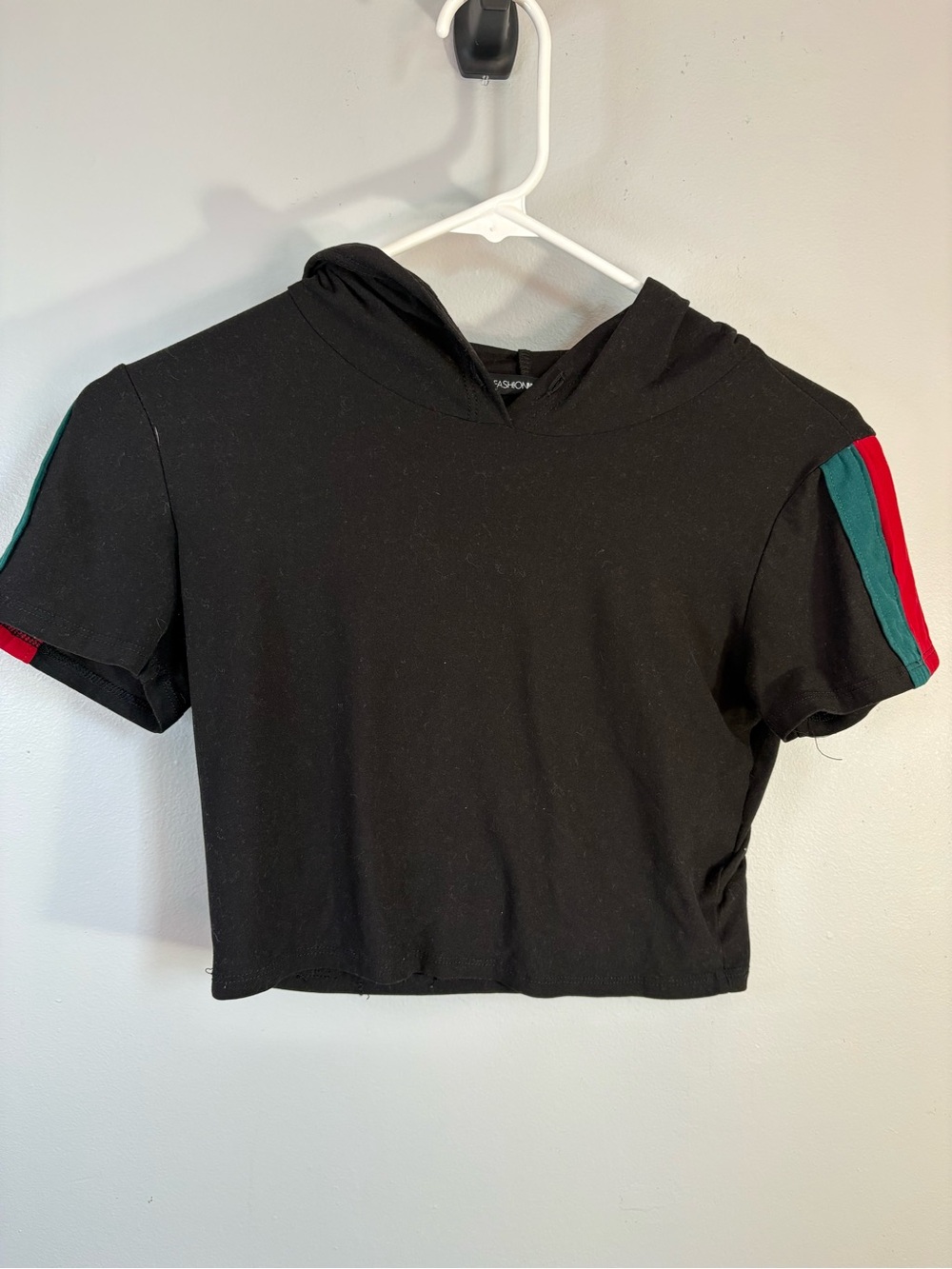 Fashion Nova Black Cropped Hoodie with Red and Teal Sleeve Stripes